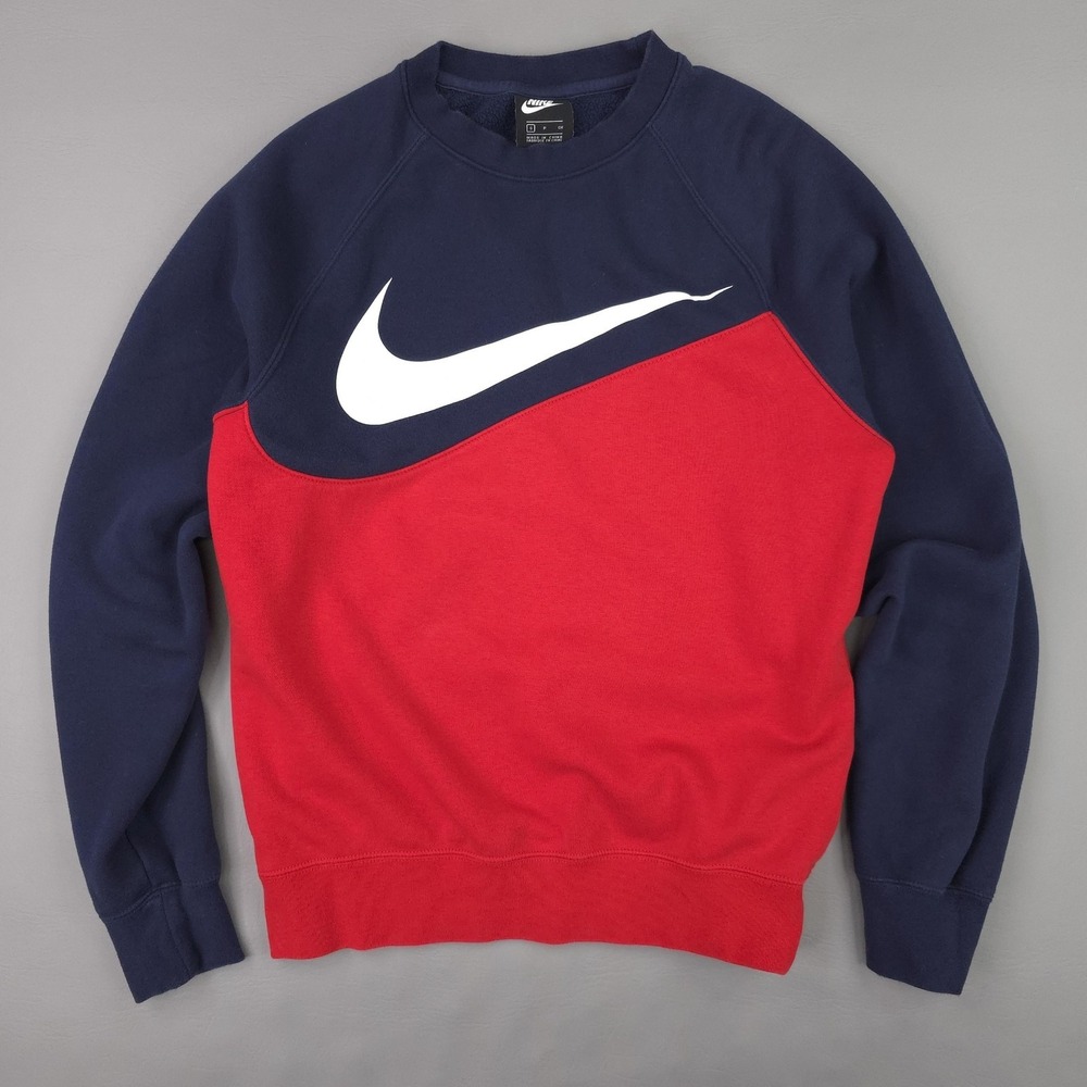 Nike Sweatshirt Mens Small Blue Red Fleece Crewneck Pullover Swoosh BV5243-657